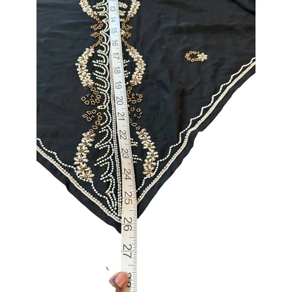 Black Embroidered Sheer Scarf Evening Wrap Shawl Gold & White Beaded Detailing - Image 8