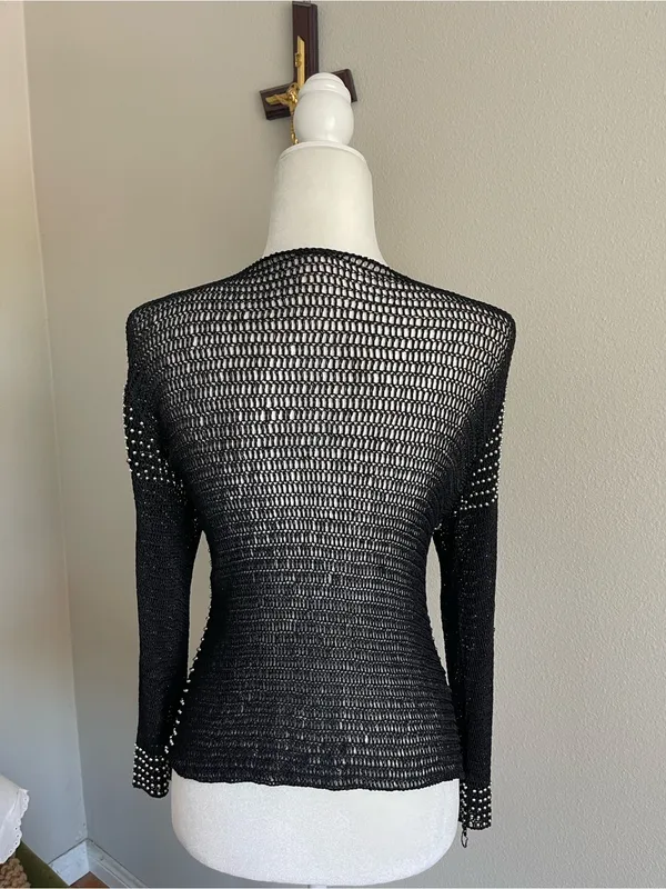 Black Open-Knit Long Sleeve Cardigan with Silver Stud Detail - Image 6