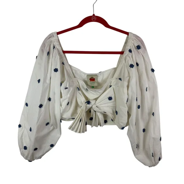 Farm Rio Blue Flowers‎ Crop Top Large White Floral Embroidered Tie Front Beachy - Image 2
