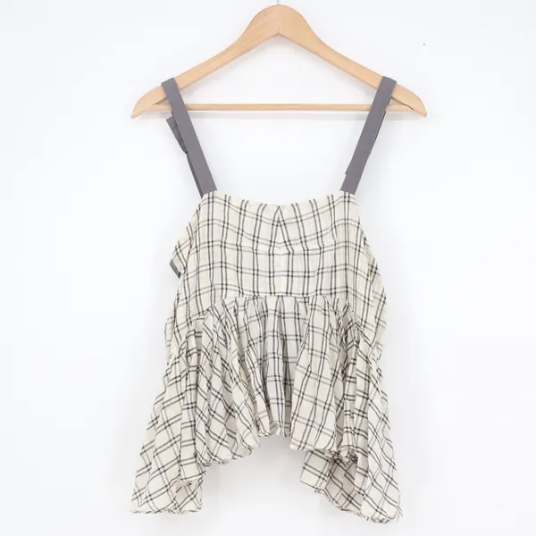 Free People Plaid Peplum Camisole Top Small Cream Black Adjustable Straps Cotton - Image 2