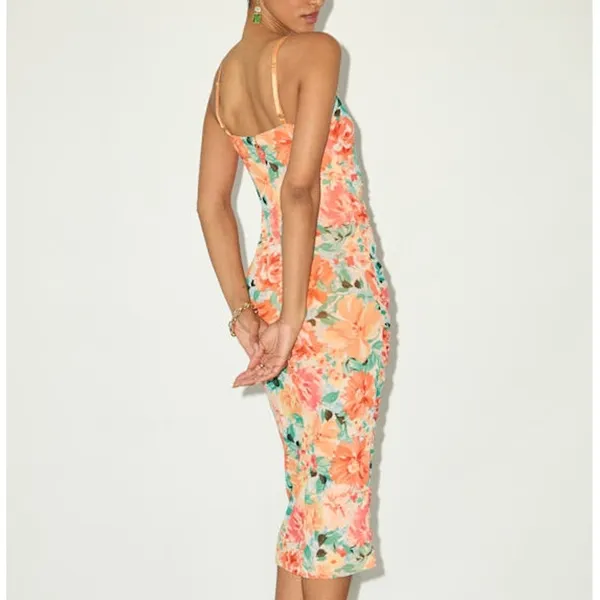 NEW Lulus Date Night Beauty Orange Floral Print Mesh Ruched Midi Dress Small - Image 5