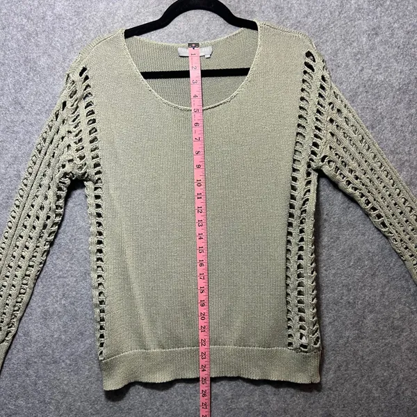 One Grey Day Open Knit‎ Ladder Sleeve Crochet Sweater Sage Green L Boho Cotton - Image 4
