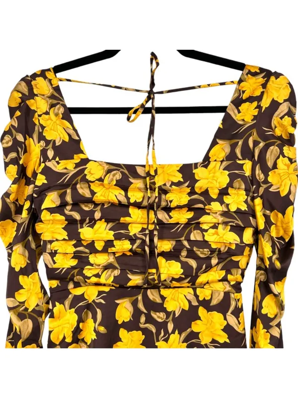 Floret Cottagecore Dark Floral Ruched Square Neck Dress Yellow Brown XS NWOT - Image 5