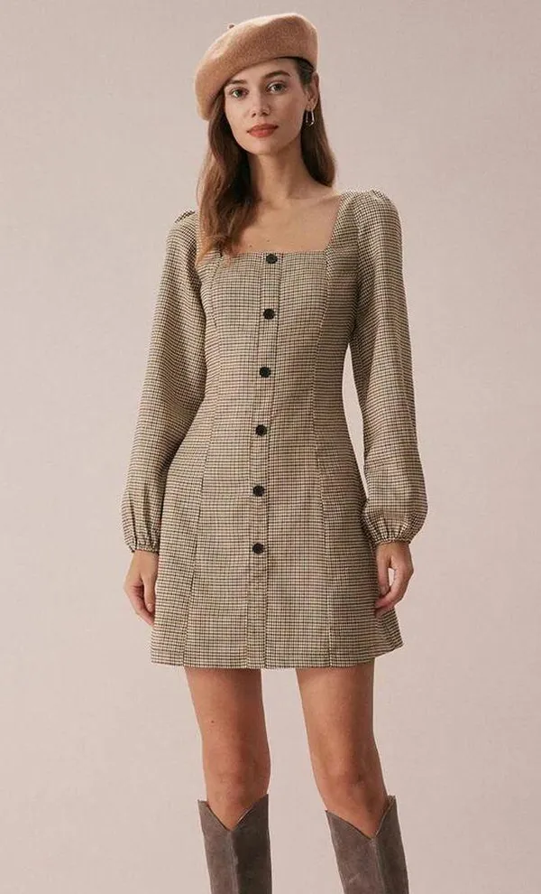 RIHOAS The Khaki Square Neck Plaid Button Mini Dress M 68 - Image 5