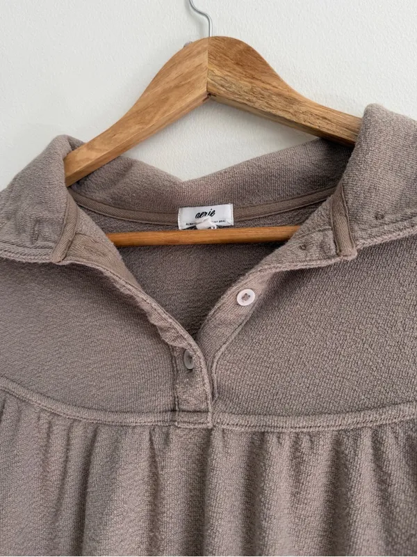Aerie Terry Button Sweater Size Small Oversized Pullover Soft Life Brown Neutral - Image 5