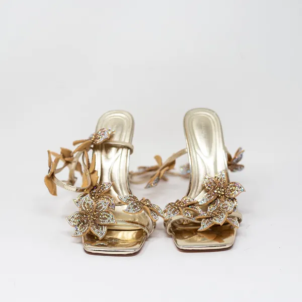 Azalea Wang Romi Stiletto Crystal Rhinestone Floral High Heel Sandal Shoe Gold 6 - Image 2