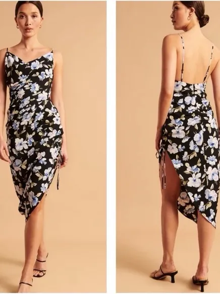 Abercrombie & Fitch Floral Asymmetrical Midi Dress Cowl Neck Cinched Slit Size L - Image 2