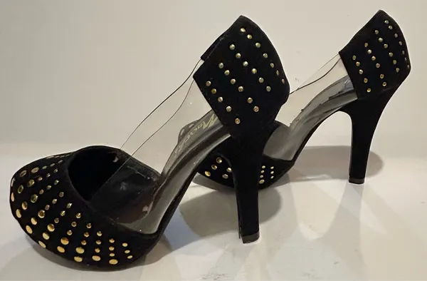 Mochi Faux Suede Elegant Studded Transparent Sides Black and Gold Heels - Image 4