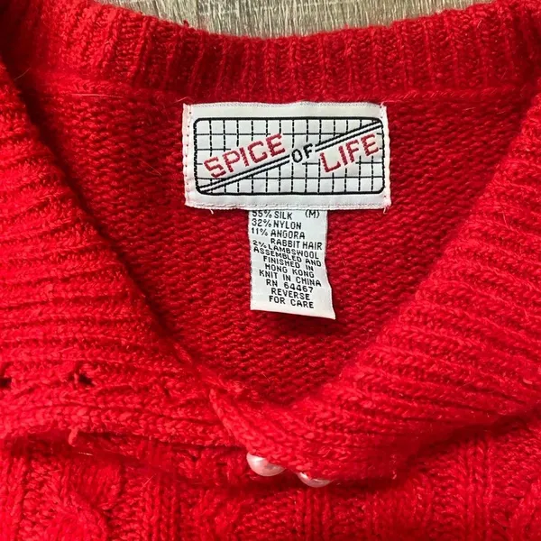 80s Vintage Red Angora Silk Sweater M Cable Knit Pearl Buttons Retro Twee Preppy - Image 11