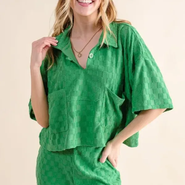 ✨NWT And The Why Brushed Texture‎ Checker Board Pattern Casual Top Green Size M - Image 4