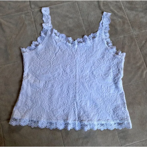 Arianne Victoria Y2K 90s Ivory Lace Trim Floral Jacquard Cami XL Vintage Glam - Image 3