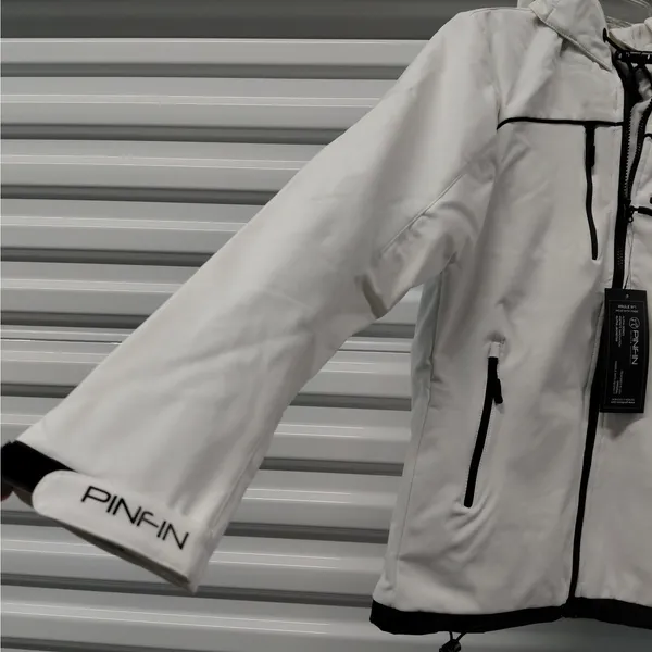 PinFin Womens Hooded Windbreaker Jacket Sz Medium White Outdoor Hiking Rain Coat - Image 2