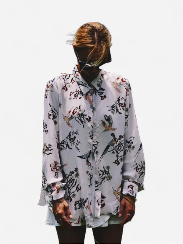H & M Women’s Long Sleeve Buttons Up Floral Print Blouse Size 0 Hummingbird‎ - Image 2