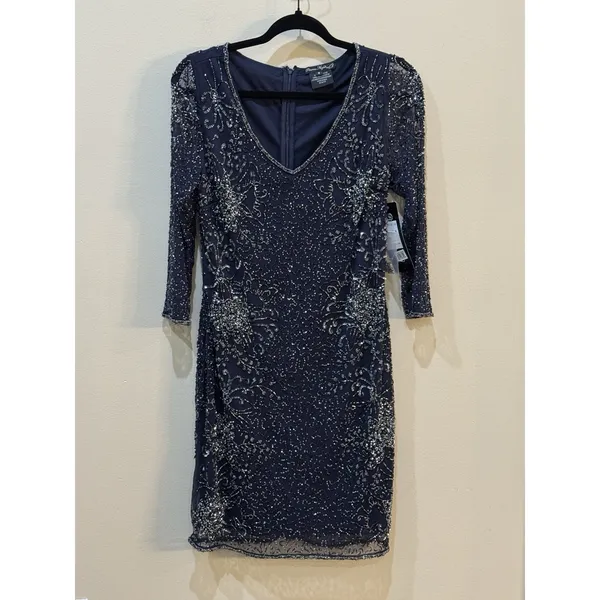 Pisarro Nights Navy Beaded V-neck Cocktail Dress Size 8 $238 MSRP - Image 3