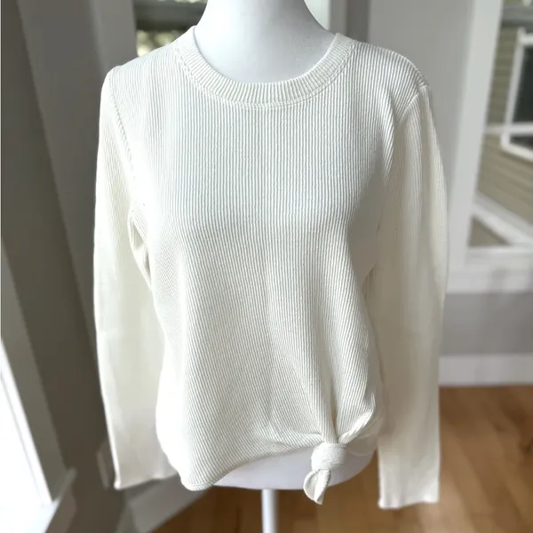 Madewell Texture & Thread Jacquard Ivory Ribbed Tie Front Long Sleeve Top Small - Image 2