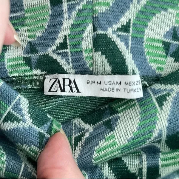 ZARA Printed Wide Leg Pant Green Blue Geometric High Waist Stretch MEDIUM - Image 4