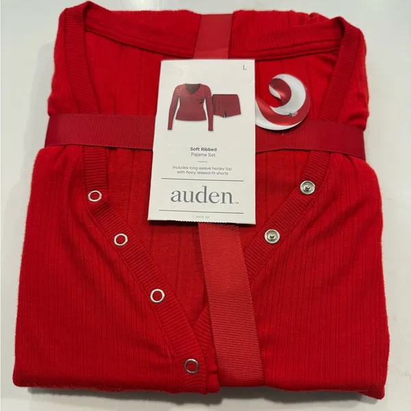 Women's Ribbed Long Sleeve Shirt and Shorts Pajama Set - Auden Red L - Image 2