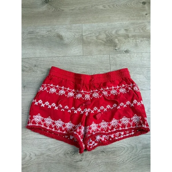 LOFT Red Embroidered shorts LINEN VISCOSE drawstring BOHO pockets Fray Edge sz S - Image 2
