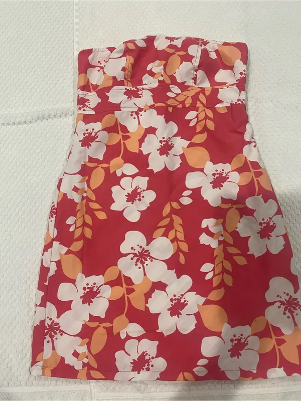 Bright Coral Floral Summer tube with built bra mini Dress - Image 2