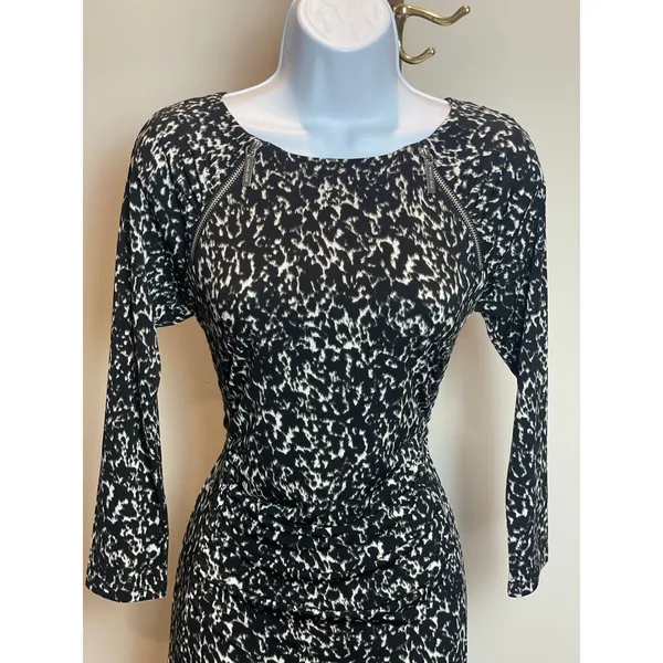 Michael Kors Black Animal Print Long Sleeve Bodycon Dress Ruched Waist Size S - Image 2