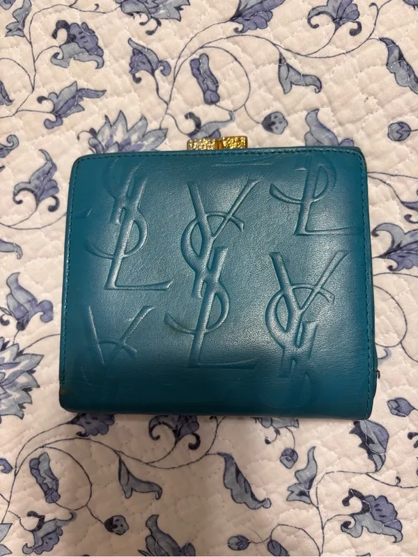 YSL Yves Saint Laurent Vintage Turquoise Blue Womens Wallet kiss-lock YSL logo - Image 2