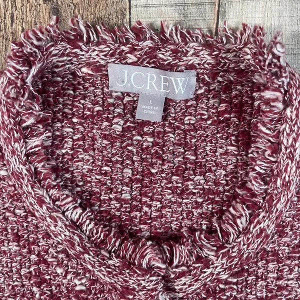 J.Crew Large Merlot Cropped Fringe Lady Jacket Gold Snap Marled Knit Sweater - Image 3