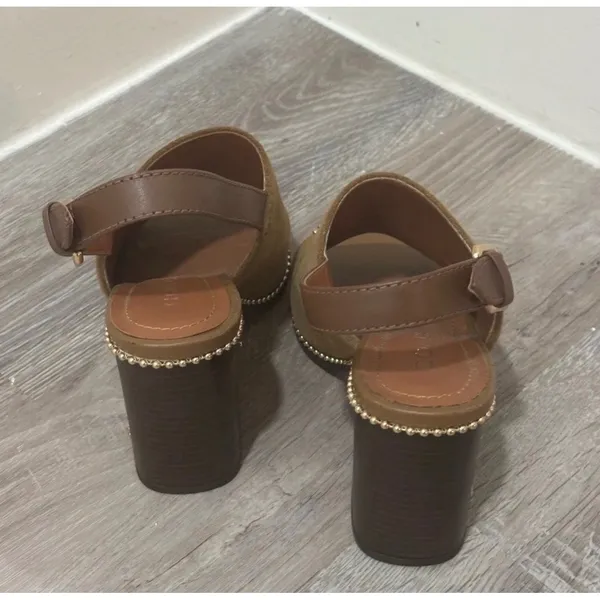 Coach Suede Block Heel Sandals Tan Brown Slingback Beaded Trim Womens Size 5.5 - Image 4