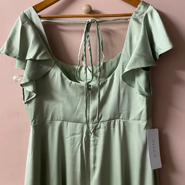 Azazie Dusty Sage A-Line Satin Maxi Dress NWT Size A16 - Image 7
