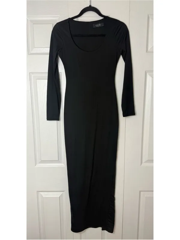 Akira Black Bodycon Maxi Dress Scoop Neck Long Sleeve Stretch Size Medium - Image 3
