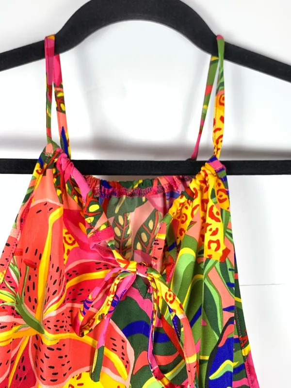 SHEIN Dress Women L Tropical Floral Jungle Print Halter Tie Neck Midi - Image 5