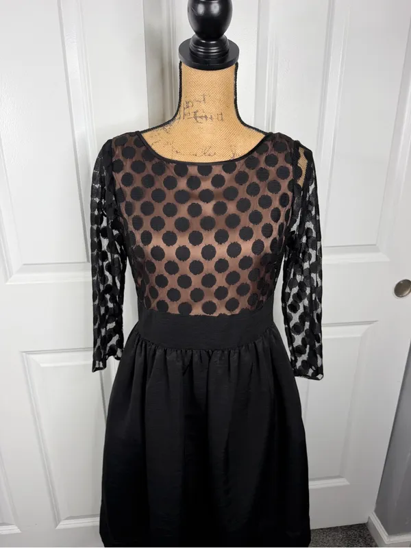 Eliza J Size 8 Black Polka Dot Mesh Fit & Flare Cocktail Dress - Image 3