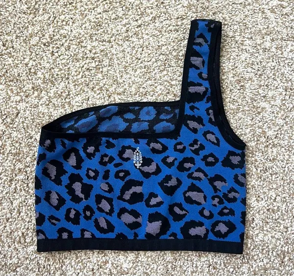 Free People Movement Free Throw One Shoulder Crop Top Spotted Leopard Blue XS/S - Image 7