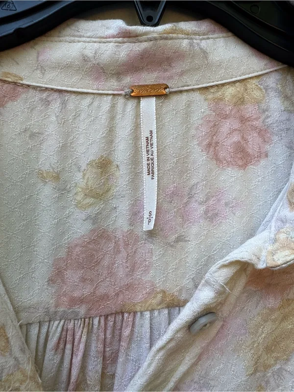 Free People Celia Printed Floral Blouse Ivory Pink Tie Front Puff Sleeve S - Image 4