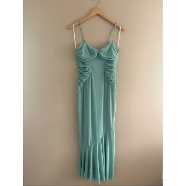 Lulus Giorgina Sage Mesh Gathered Trumpet Midi Dress Size XS Cocktail Sexy - Image 4