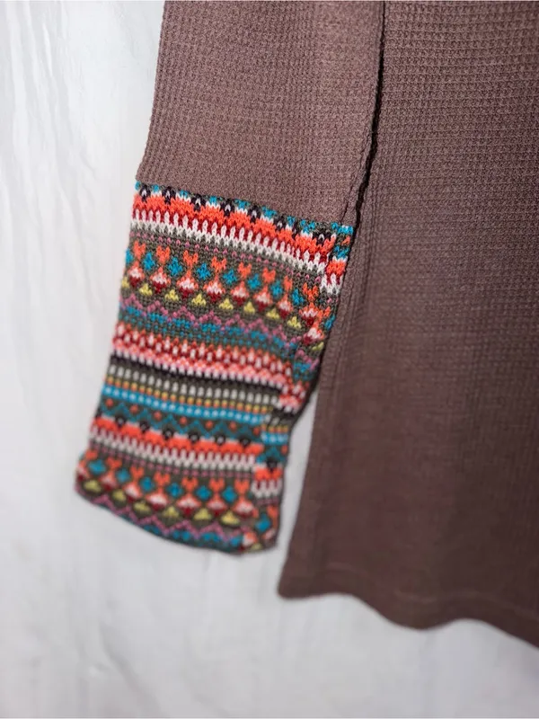 Earthbound Trading Co. Waffle Knit Long Sleeve Top Fair Isle Cuffs XL - Image 3