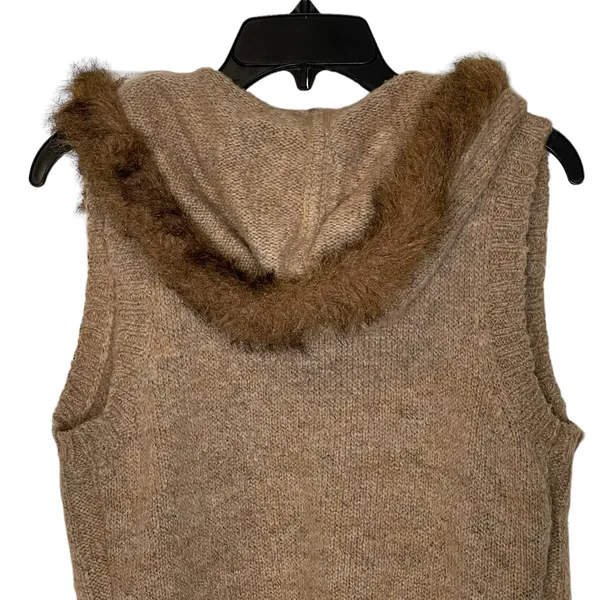 Christopher & Banks Open‎ Hooded Brown Vest Fux Fur Trim Wool Blend Women Small - Image 7
