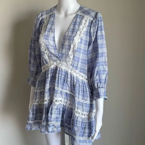Free People Boho Lace Crotchet Plaid Puff Sleeve Top - Image 3
