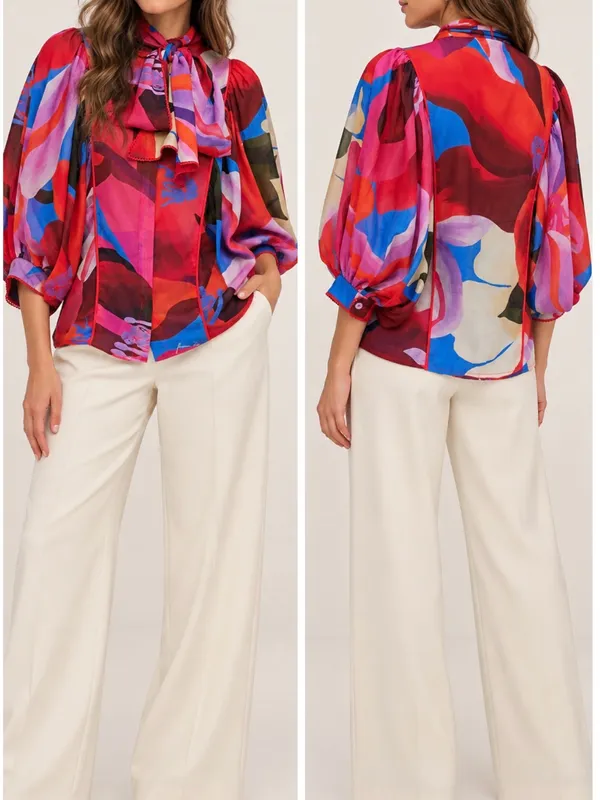 Farm Rio Watercolor Floral Blue Balloon Sleeve Tie Neck Blouse - Image 11