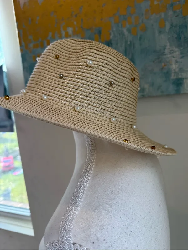 American Exchange Pearl & Gold-Studded Beige Straw Sun Hat - Image 6