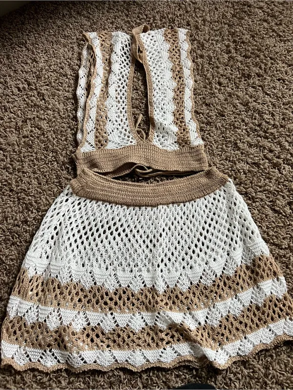 SHEIN White and Tan Crochet Swim Coverup Set - Image 3