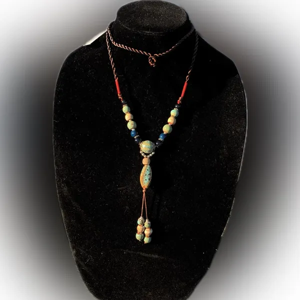 Tahari Elegant Beaded long y-drop Necklace with Blue and Brown Accents 36” - Image 6