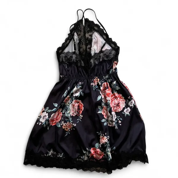 Floral Lace Satin Chemise Nightdress – Black Rose Print – Size S - Image 2