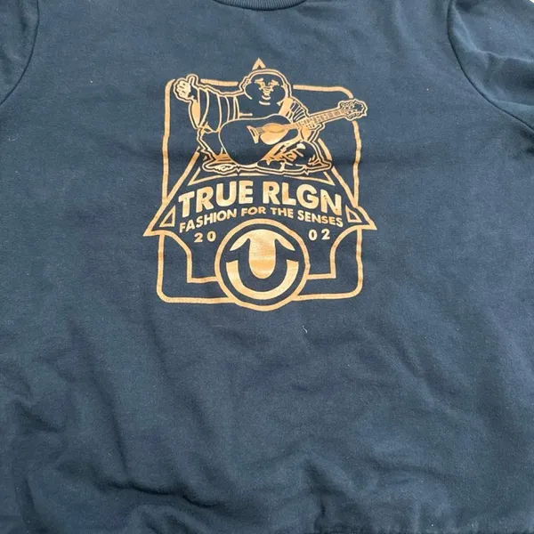 True Religion black Buddha Graphic‎ Crewneck Sweatshirt Medium Copper Gold Logo - Image 7
