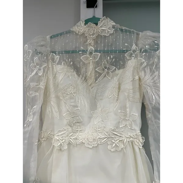 Vintage 80s‎ Victorian Revival Wedding Dress Ivory High Neck Sheer Lace Illusion - Image 2