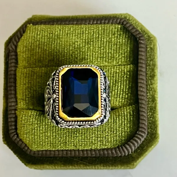 Silver Ottoman Style Large Sapphire Gemstone Ring Size 6 - Image 2