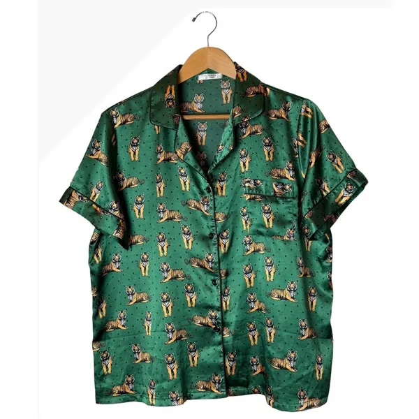 Ekouaer Satin Pajama Set Women XL Green Tiger Print Shorts Set Loungewear - Image 2