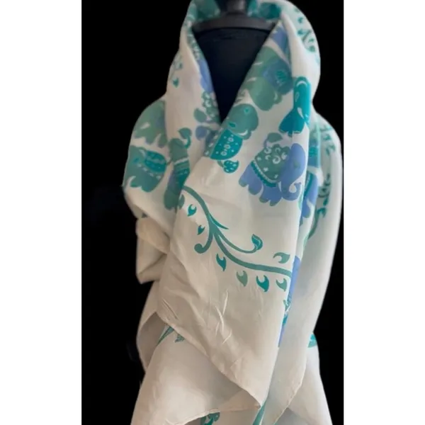 Edinburgh Vintage Shop Elephant Scarf Cream Blue Green Silky Square Scarf - Image 4