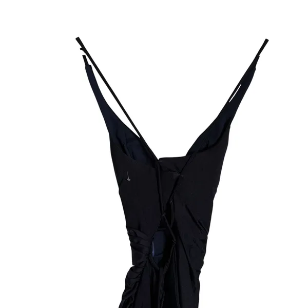 La Femme Navy Ruched Jersey V-Neck Slit Formal Gown Dress Tie Up Back Size 0 - Image 6