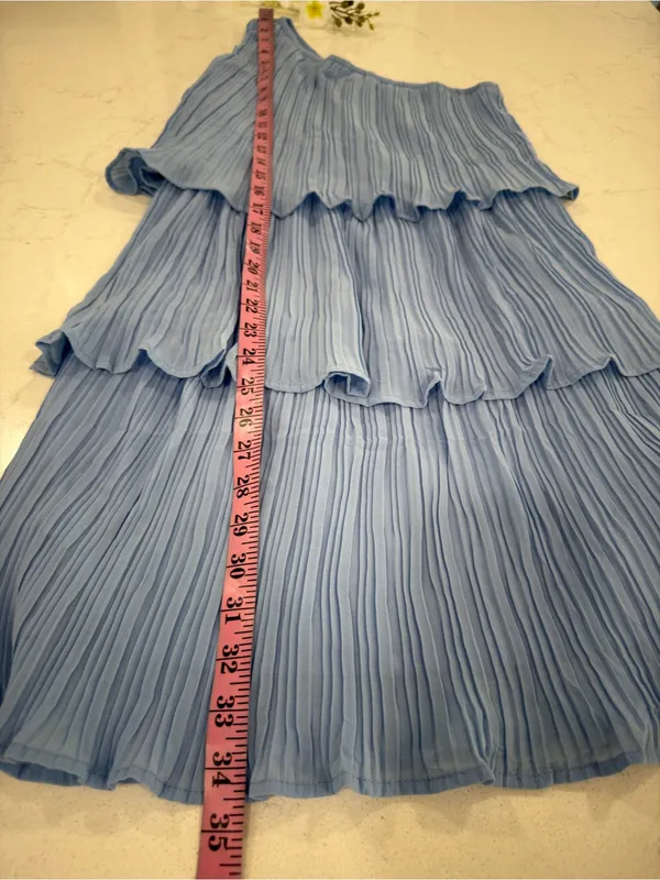 Asymmetric One-Shoulder Pleated Tiered Dress in Light Blue - Image 5
