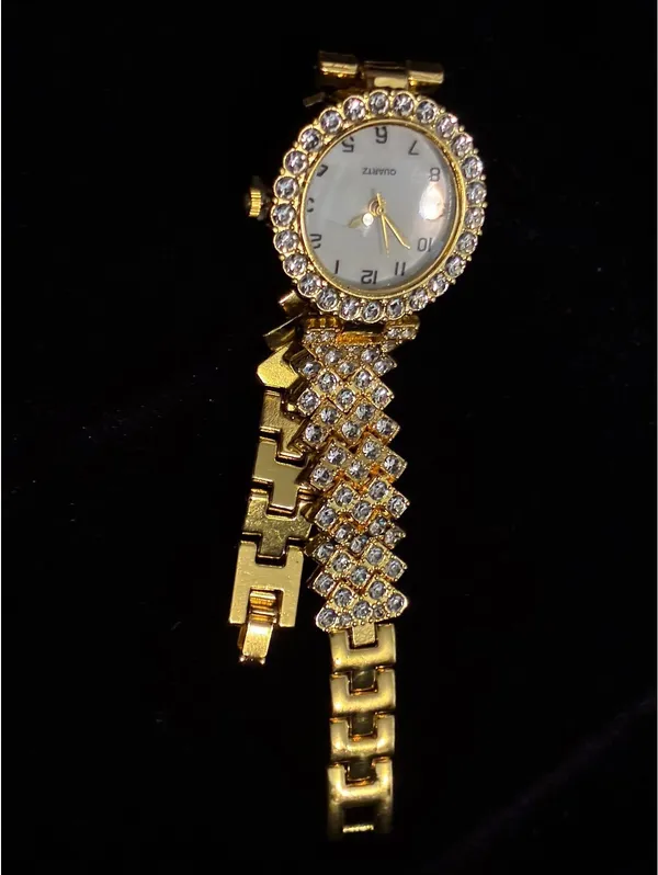 Women's Gold Tone Quartz Dress Watch with Sparkling Rhinestone Crystals - Image 2